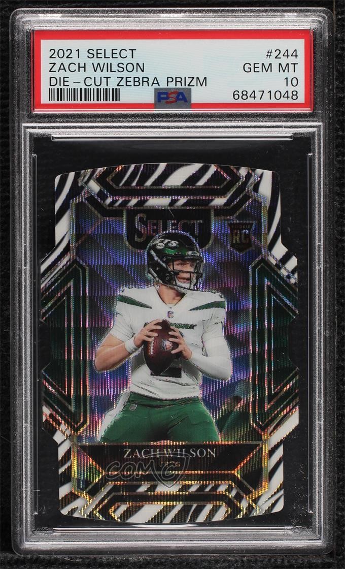2021 Select Club Level Zebra Prizm Die-Cut Zach Wilson #244 PSA 10 Rookie RC 4x4