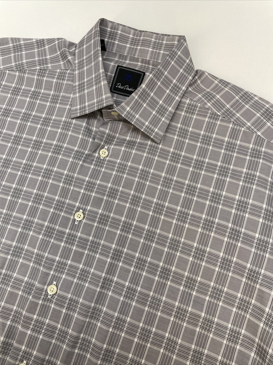 David Donahue Button Up Long Sleeve Cuff Link Shirt Men's 17 Black Grey  Check | eBay