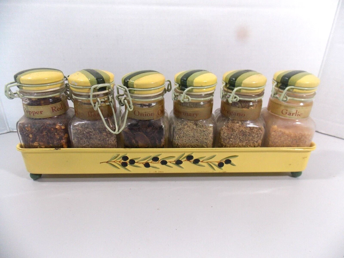 Vintage Spice Rack 6 Jars Clear Glass Housewares Farm House