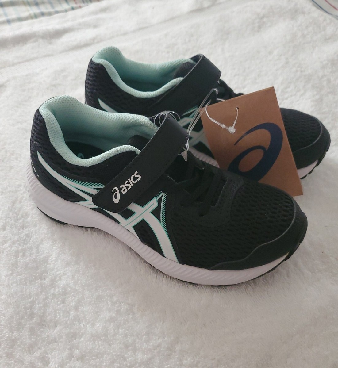 NEW ASICS Contend 7, Girls Kids Black/Fresh Ice, Size K13