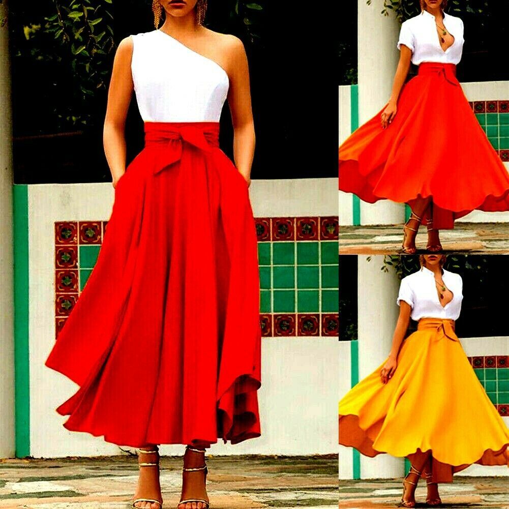 Women Elastic Size Party Swing Beach Summer Waist Skirt Maxi Pleated