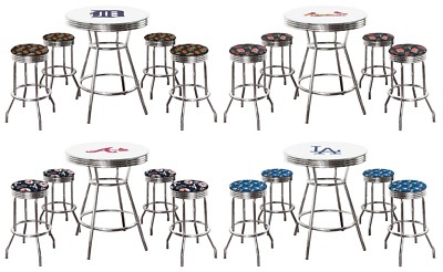 MLB 5PC White Pub Table Set Team Logo Decal Fabric Swivel Stools Glass Option