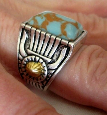Superbe Bague Chevalière couleur argent cabochon pierre turquoise taille 58 - Photo 1/4