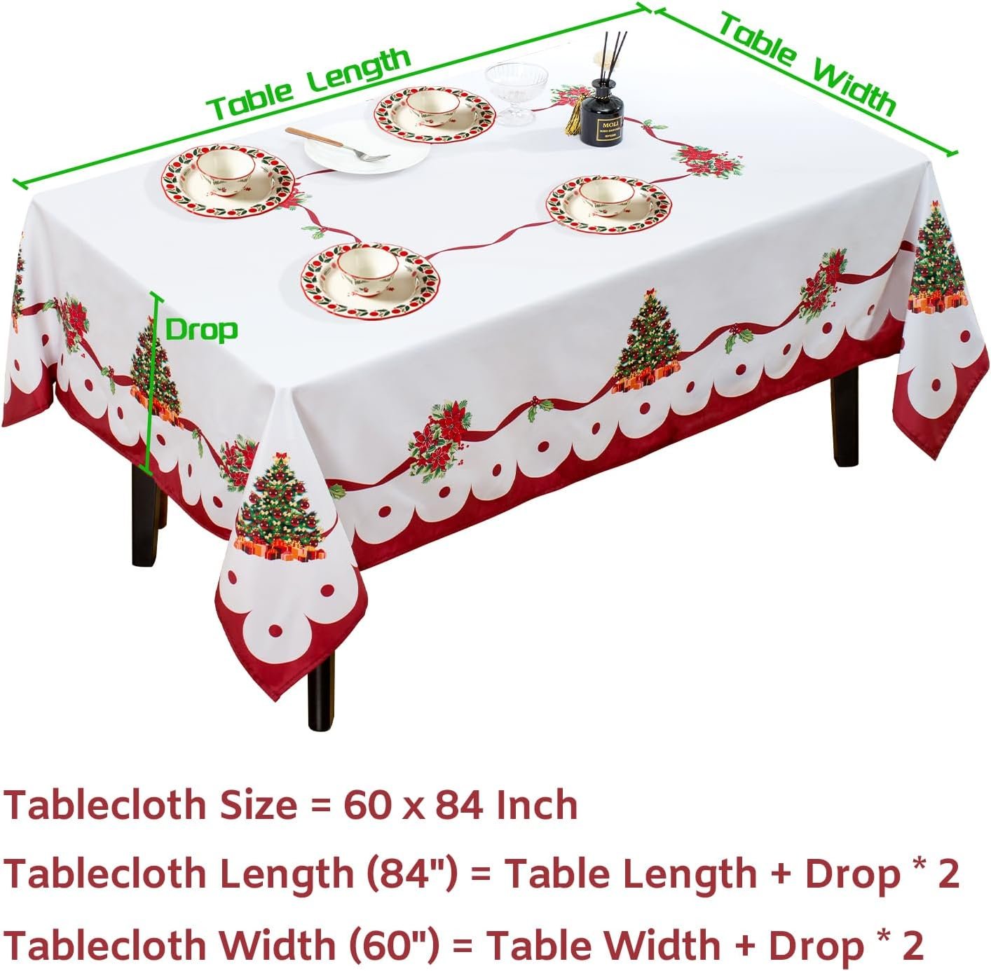 Christmas Tablecloth for Rectangle Tables, Tree Leaves Christmas Decor