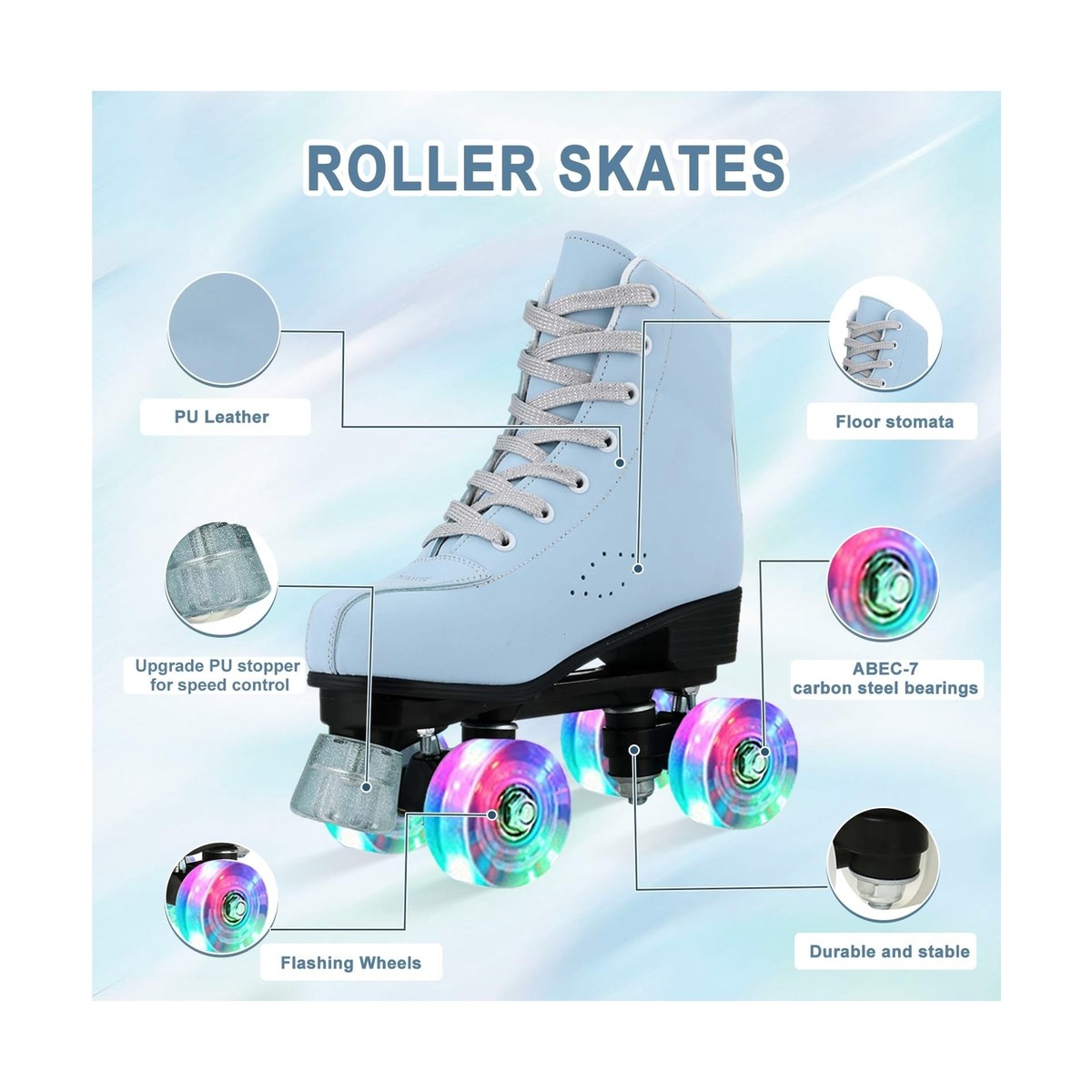 Beginner Jessie Classic Double-Row – High Top PU Leather, Transparent Flash Wheels, For Beginners (Pearl Pink, Size 6) Roller Skates