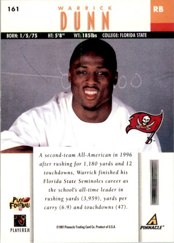 1997 Pinnacle Warrick Dunn Rookie Tampa Bay Buccaneers #161 - Picture 2 of 2