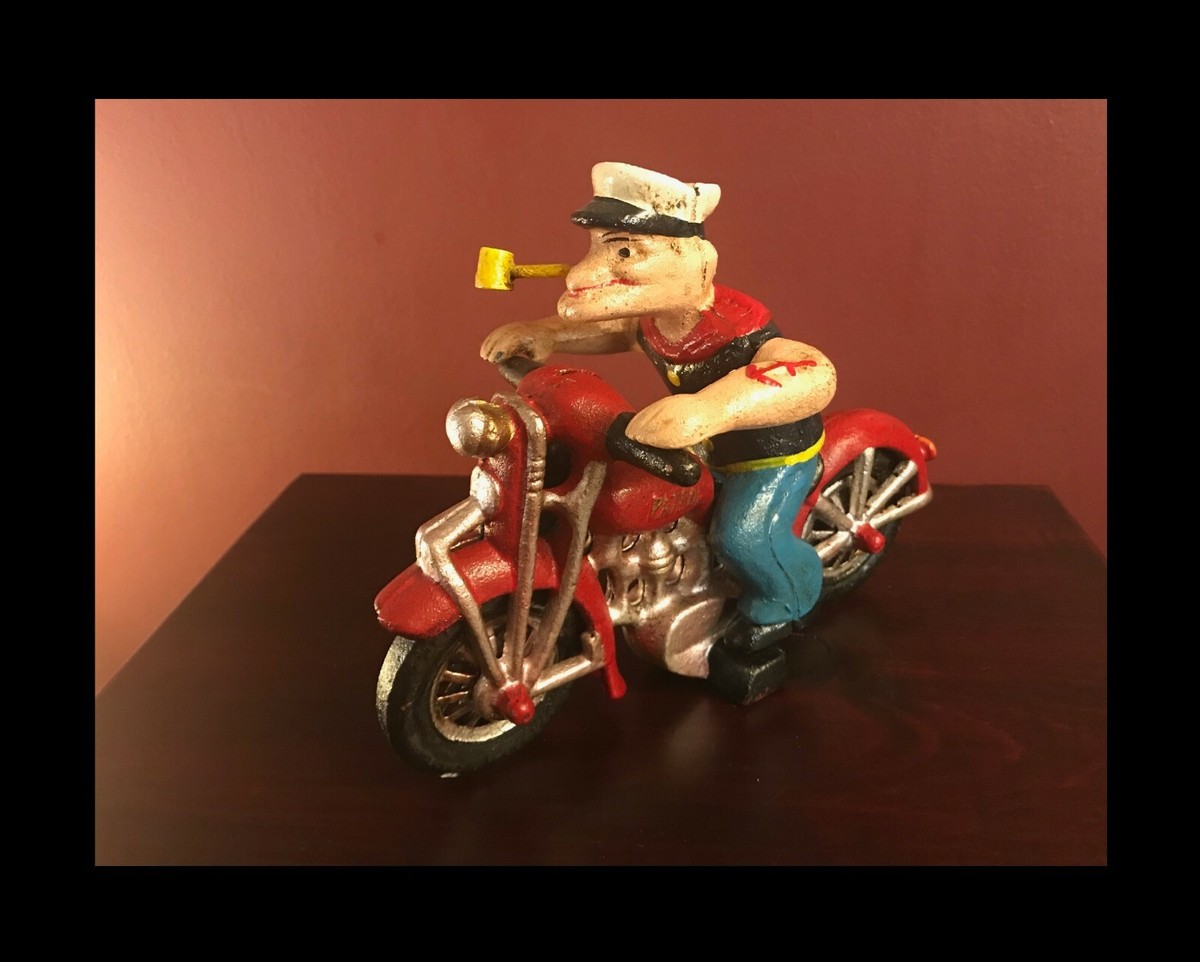 VINTAGE POPEYE THE SAILOR MAN ON MOTORCYCLE HAND PAINTED CAST IRON