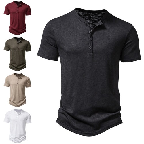 Mens Plain Short Sleeve Henley T Shirt Summer Casual Pullover Loose Top Blouse - Picture 2 of 36