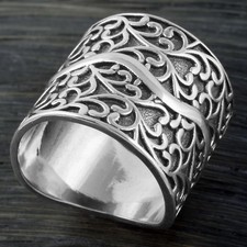 925 Sterling Silver Filigree Swirl Vine Design Wide Ring Size 5-9
