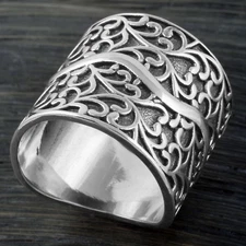 925 Sterling Silver Filigree Swirl Vine Design Wide Ring Size 5-9