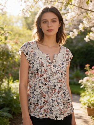 Daniel Rainn Women's Floral Print Cap Sleeve Blouse with Lace Split Neck Detail,