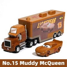 1-2Pcs Disney Pixar Car No.15 Muddy McQueen Mack Hauler Truck Diecast Toy Set