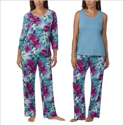 Carole Hochman Midnight Women s 3-Piece Cotton Pajama Set Size M Blue Floral