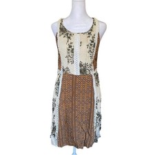 Mystree Patchwork Floral Paisley Brown Lace Shift Dress Small Boho Hippy Granola