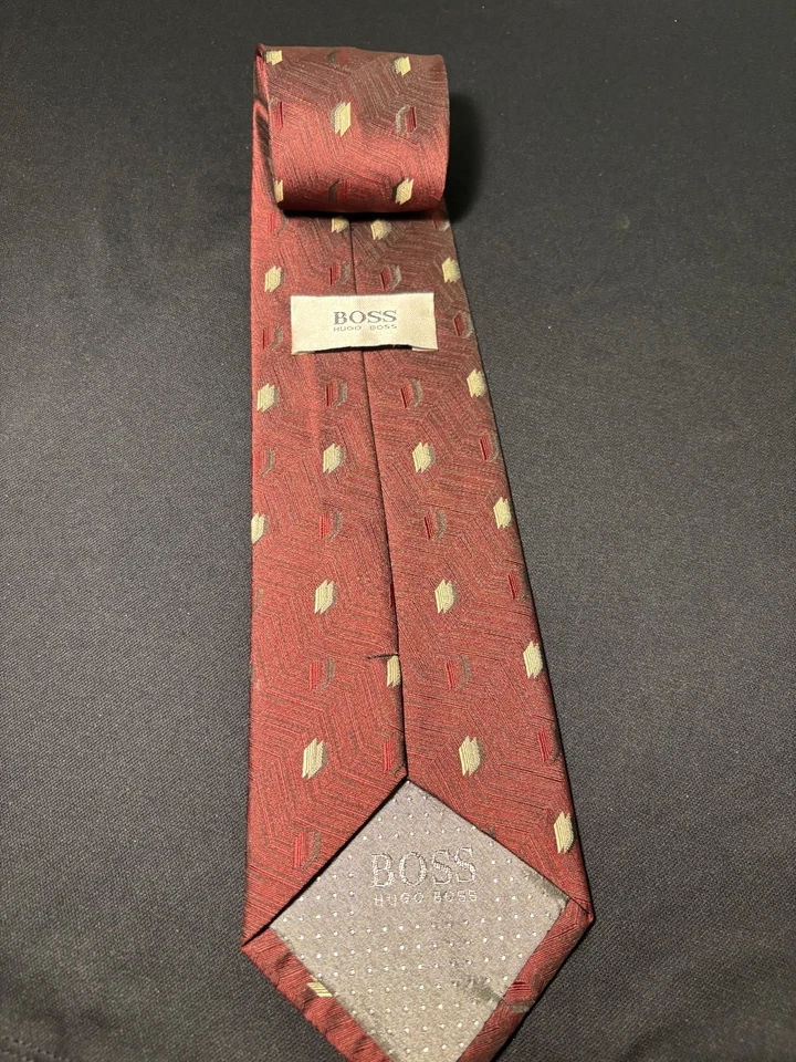 HUGO BOSS Men's Silk/Viscose Necktie ITALY Designer Geometric Burgundy Foto 3 de 4
