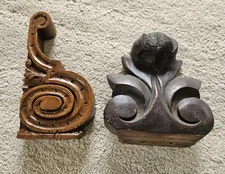 Antique 2 Hand Carved Corner Wood Finials Decorative Scroll Dark Flower 