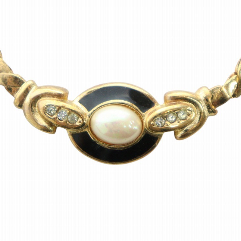 Christian Dior Gold Pearl Rhinestone Logo Pendant Necklace