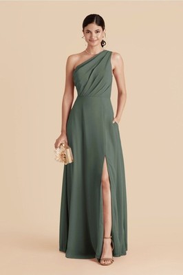 Birdy Grey Kira Chiffon Dress M Eucalyptus Green One Shoulder Maxi Bridesmaid