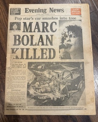 MARC BOLAN (T REX) ~ 1977 NEWSPAPER OF HIS DEATH ~ Evening News London
