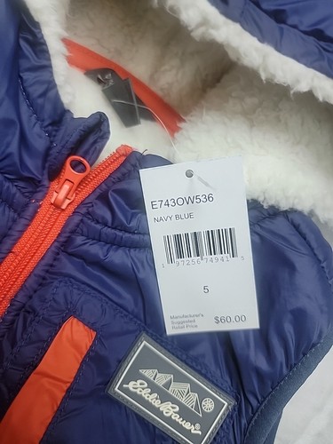 NWT Eddie Bauer KIDS Fleece Vest Navy Blue Ivory Red Trim Faux Fur Size 5 "E012" - Picture 2 of 7