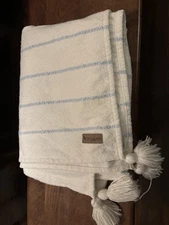 Koolaburra by UGG Throw Blanket Blue Stripe Tassel Fringe Cozy Soft Cream Ivory