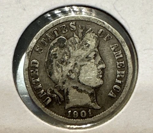 1901 Silver Barber Dime, 90% Silver, VG, Nice Condition