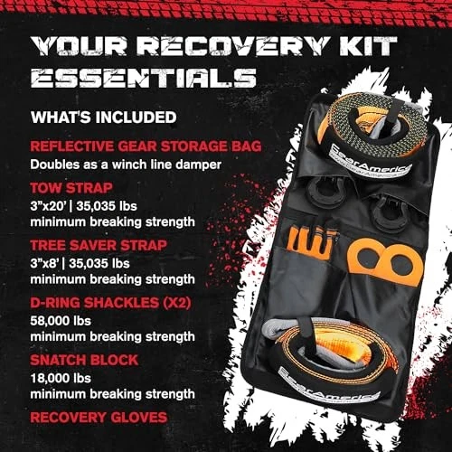 GearAmerica 越野恢复套件,9 吨,含牵引带,树 9 吨黑色 — 第 4/4 张图片