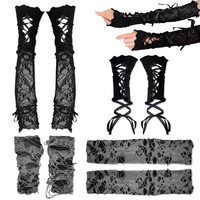 Gothic Fingerlose Spitzen Handschuhe Damen Armstulpen Y2K Punk Grunge 4 Paar Set
