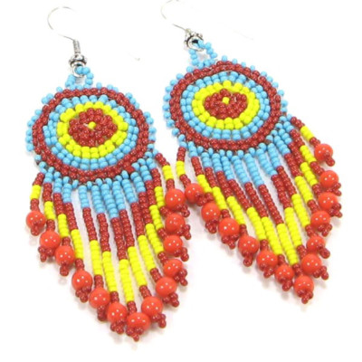 NATIVE STYLE ETHNIC HANDMADE MULTI-COLOR BEADED HOOK EARRINGS 
