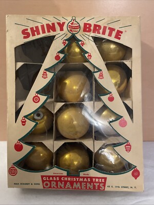 10 Vtg Shiny Brite Gold Glass Christmas Tree Ornaments & Box Max Eckardt Sons NY