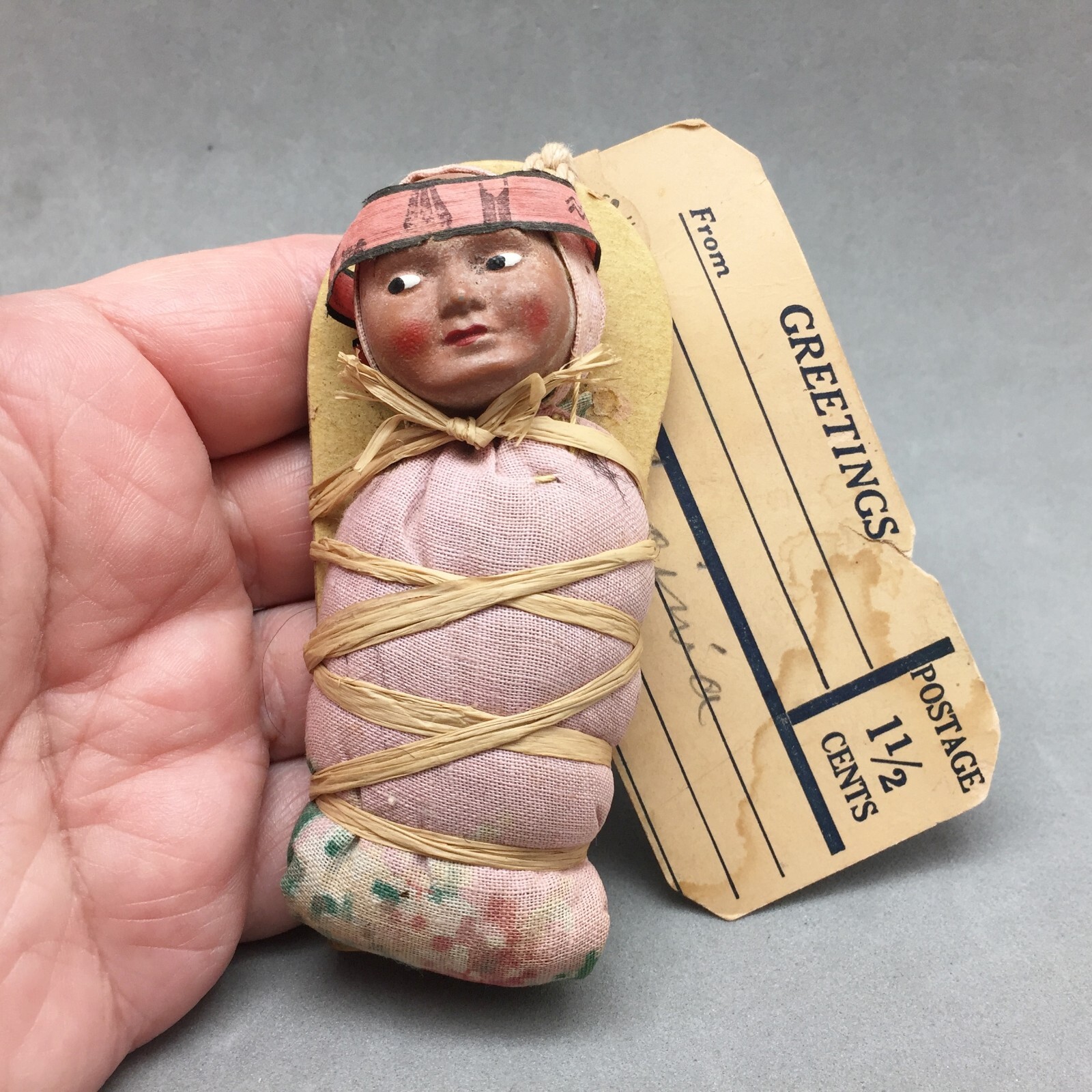 Skookum Indian Baby Papoose Doll Postcard Tag Vintage Composition Straw