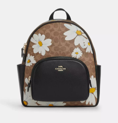 Coach Court Tan Floral Print Signature Coated Canvas & Leather