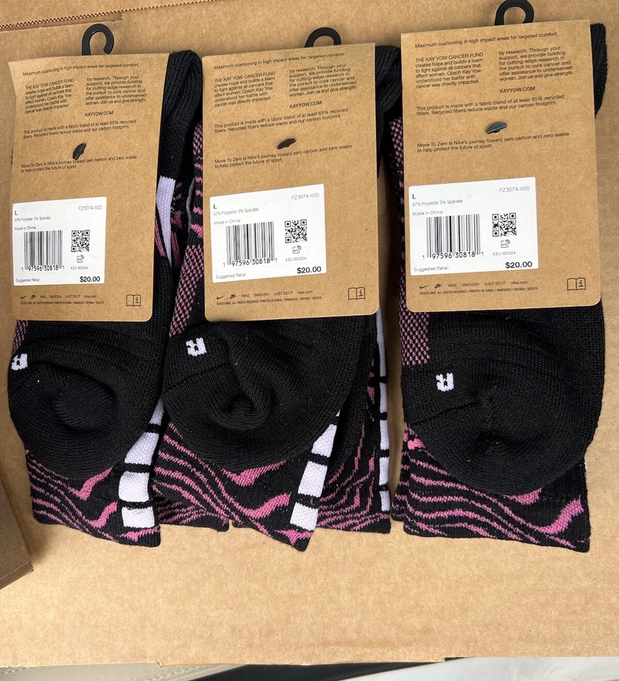 3 Pack Nike Elite Socks Mens Large 8-12 Pink Kay Yow Breast Cancer Awareness BCA - Image 2 of 3