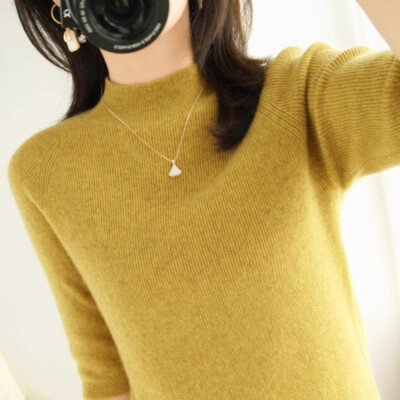 Damen Gestrickte Shirts Tops Kurz Halbarm Strickwaren Rollkragen