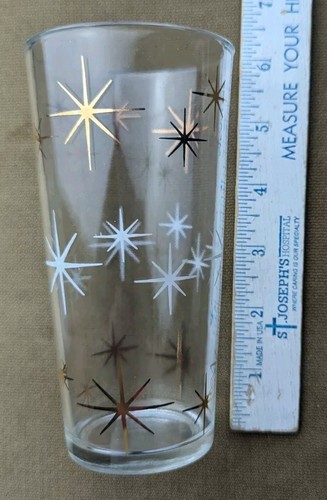 Mid-Century Modern Clear Drinking Glass Atomic WhiteGoldStars ~6InchHeight dec24 - Picture 9 of 10