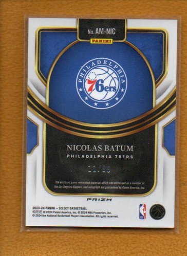 Nicolas Batum 2023-24 Panini Select Autograph Memorabilia Purple Prizm Auto /99 - Picture 2 of 2