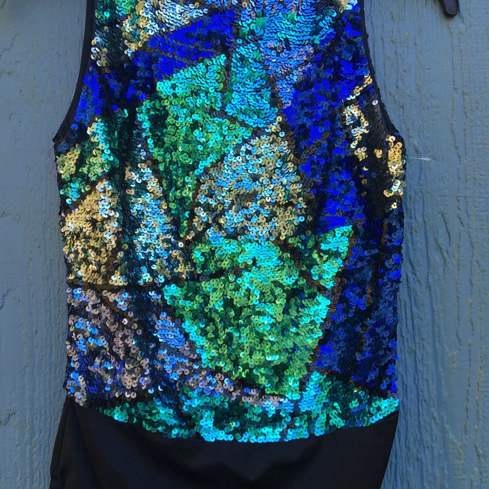 Body de Baile Oleg Cassini Corbata Negra Vintage Azul Verde Lentejuelas Sin Mangas Foto 4 de 4