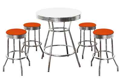Bar Table White Chrome  w4 Orange Vinyl Swivel Bar Stools Chairs Set New Kitchen