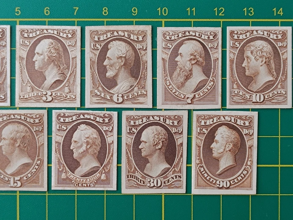 US Stamps, Official Treasury Dept. Set of 11, Trial Color PROOF on Card, VF, MLH - Image 3 of 4