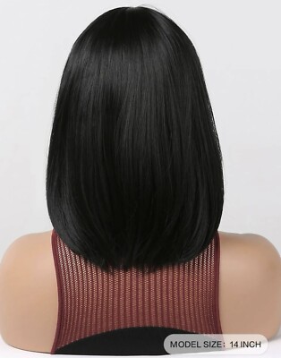 Perruque Synthétique Carré Court Noir - Avec Frange, Bonnet +4, Cheveux Lisses, Neuf