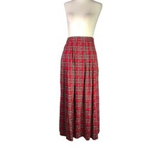 Vintage Susan Bristol plaid midi skirt pleated pockets poly rayon made in USA XS