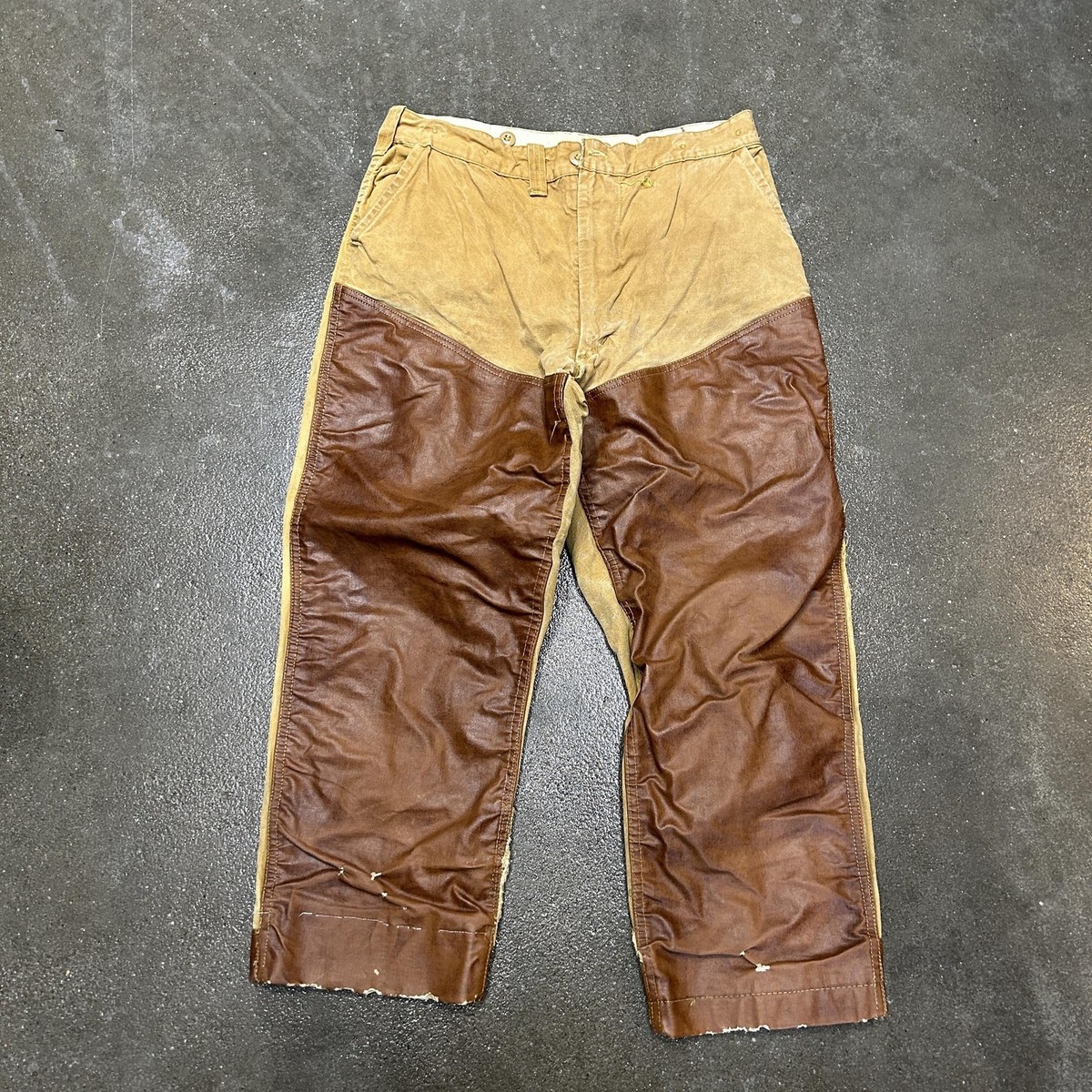 Vintage Leather Front Canvas Pants Mens 33x27 Brown Hunting