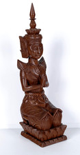 Finely Hand Carved Thai Kneeling Praying Buddha Dark Teak Wooden Statue 15 1/2"H