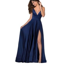 La Femme Navy Blue Satin V-Neck Faux Wrap Full Length Prom Evening Gown 6