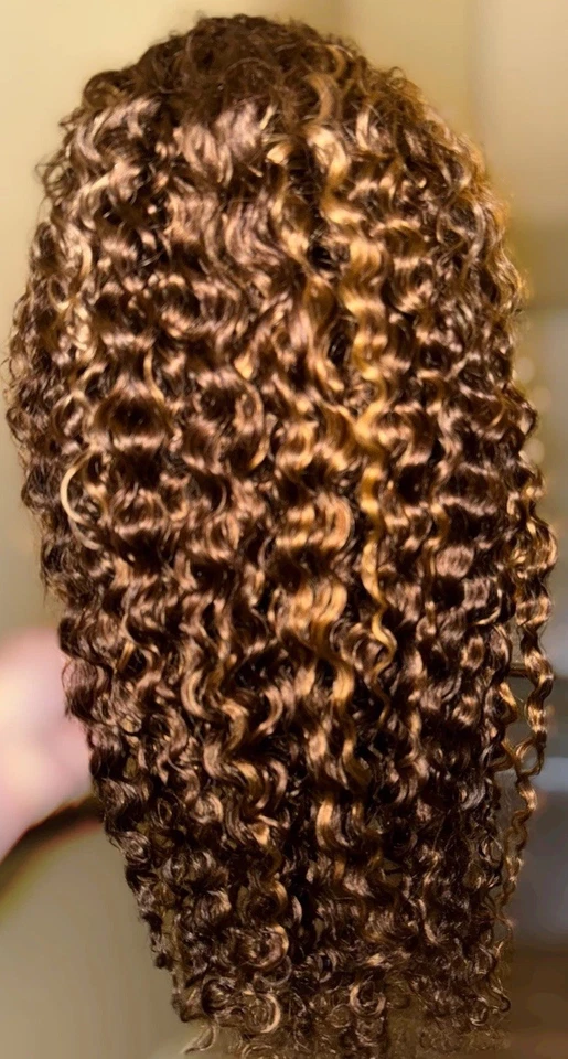 Precioso, 26 pulgadas, marrón con reflejos rubios, onda de agua, cabello 100 % humano, encaje HD, peluca Foto 4 de 4