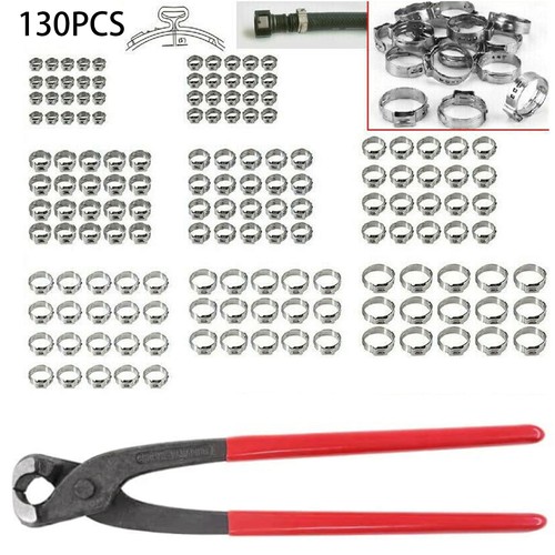 130pcs Stepless Single Ear Hose Clamps Crimper Crimping Tool 304
