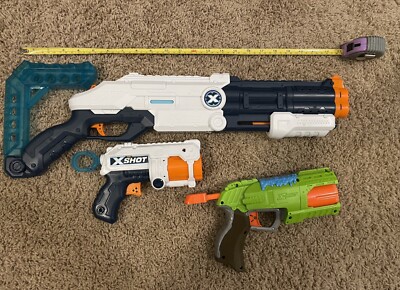 3 Zuru X-Shot Guns- Dounle Barrel Shot gun  & 2 Rapid Fire Hand Gun Blasters