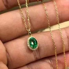1.50Ct Oval Cut Lab Created Emerald Halo Pendant Necklace 14k Yellow Gold Plated