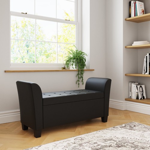 Verona Leather Window Seat Ottoman Storage Pouffe Blanket Box Footstool Black - Picture 3 of 10