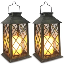 2 Packs Outdoor Solar Lantern Hanging Light Led Garden Lamp Patio Pillar Candle
